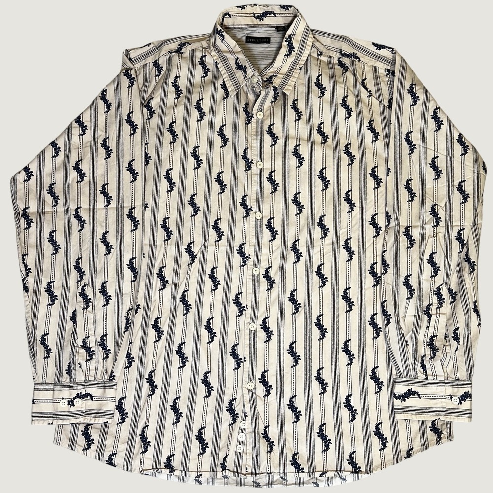 Structure Button Down Shirt Mens L Cream Navy Blue Striped Floral Long Sleeve